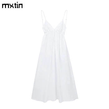 Женское летнее модное однотонное хлопковое платье Миди, винтажное свободное платье без рукавов с V-образным вырезом и открытой спиной, женские вечерние повседневные платья Vestidos