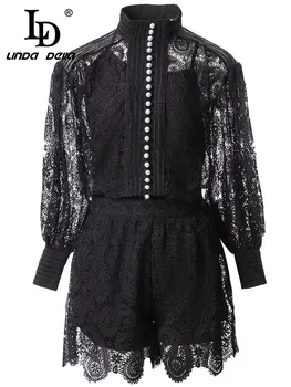 LD LINDA DELLA 2023, Новый модный дизайнерский Летний короткий костюм, Женские Черные открытые Рубашки с длинным рукавом + шорты, комплект из 2 предметов