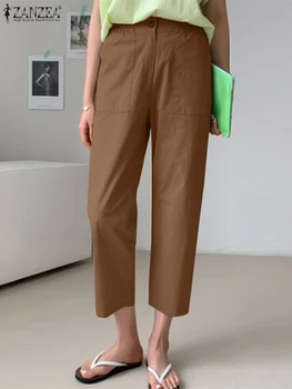 Весенние женские однотонные длинные брюки ZANZEA, Элегантные рабочие брюки, Женские панталоны, повседневные Свободные капри Palazzo Oversize с высокой талией