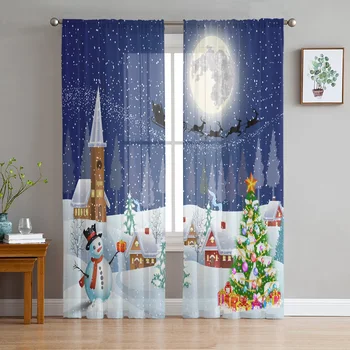Веселого Рождества, тюлевые шторы Snow Winter Moon для гостиной, спальни, украшения кухни, Шифоновые занавески из прозрачной вуали на окнах