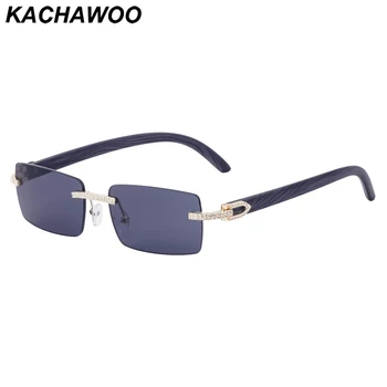Мужские солнцезащитные очки Kachawoo без оправы с деревянным рисунком и стразами, ретро солнцезащитные очки, квадратные мужские модные уличные оттенки, черный, синий, коричневый