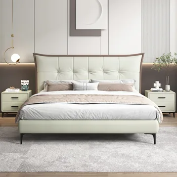Итальянская роскошная кровать из светлой кожи первого слоя размер семейной супружеской кровати в главной спальне современный и контрактный двухместный